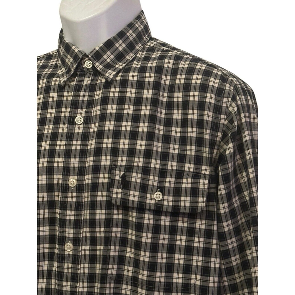 Polo Ralph Lauren Mens Shirt Button Flap Pocket Logo Black White Plaid M